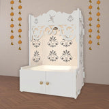 Floral Designer Pattern Floor Temple with Spacious Wooden Shelf & Inbuilt Focus Light - White Finish - Decor Smart