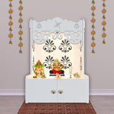 Floral Designer Pattern Floor Temple with Spacious Wooden Shelf & Inbuilt Focus Light - White Finish - Decor Smart