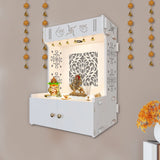 Holy Swastika Symbol of Hindu Religious White Wooden Wall Temple for Home With Inbuilt focus Lights & Spacious Shelf - Decor Smart