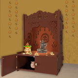 Holy Symbol Om Chakra Floor Temple with Spacious Wooden Shelf & Inbuilt Focus Light - Brown Finish - Decor Smart