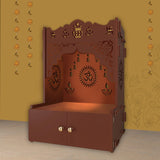 Holy Symbol Om Chakra Floor Temple with Spacious Wooden Shelf & Inbuilt Focus Light - Brown Finish - Decor Smart