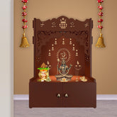 Holy Symbol Om Chakra Floor Temple with Spacious Wooden Shelf & Inbuilt Focus Light - Brown Finish - Decor Smart