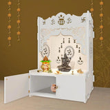 Holy Symbol Om Chakra Floor Temple with Spacious Wooden Shelf & Inbuilt Focus Light - White Finish - Decor Smart