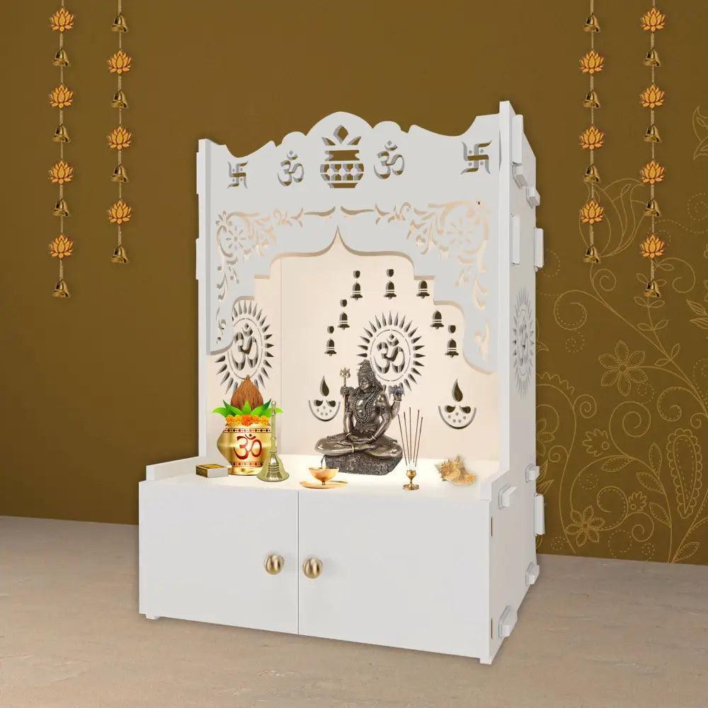 Holy Symbol Om Chakra Floor Temple with Spacious Wooden Shelf & Inbuilt Focus Light - White Finish - Decor Smart