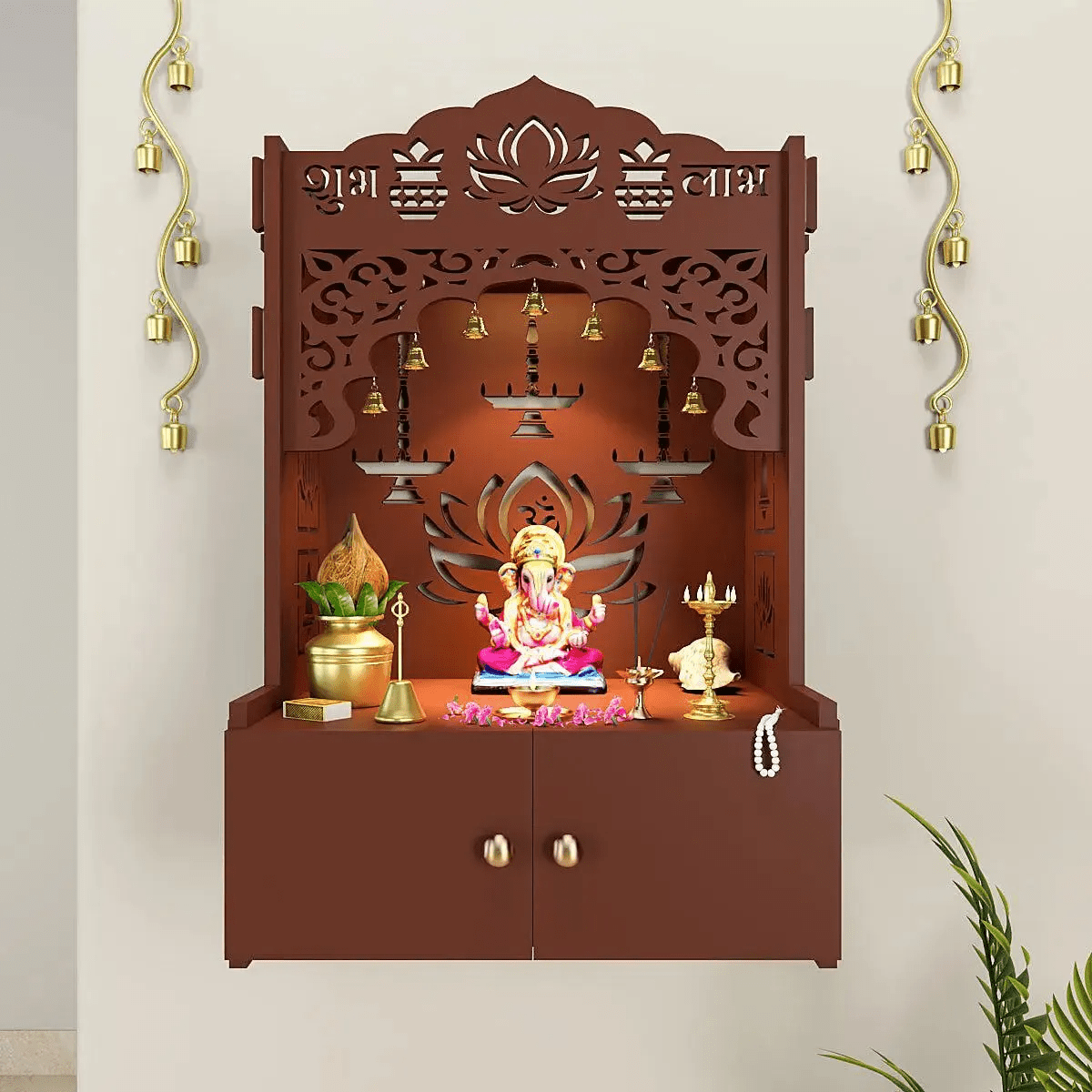 Lotus Brown Wooden Wall Temple for Home With Inbuilt focus Lights & Spacious Shelf - Decor Smart