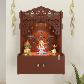 Lotus Brown Wooden Wall Temple for Home With Inbuilt focus Lights & Spacious Shelf - Decor Smart