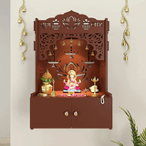 Lotus Brown Wooden Wall Temple for Home With Inbuilt focus Lights & Spacious Shelf - Decor Smart
