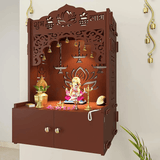 Lotus Brown Wooden Wall Temple for Home With Inbuilt focus Lights & Spacious Shelf - Decor Smart