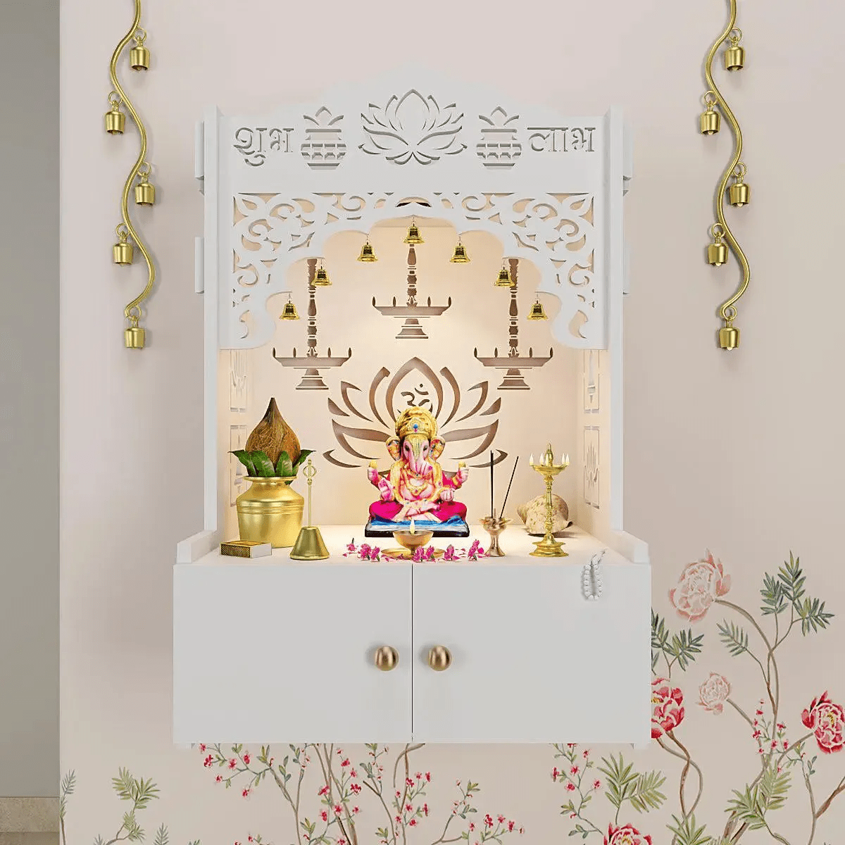 Lotus White Finish Wooden Wall Temple for Home With Inbuilt focus Lights & Spacious Shelf - Decor Smart