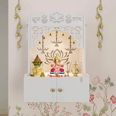 Lotus White Finish Wooden Wall Temple for Home With Inbuilt focus Lights & Spacious Shelf - Decor Smart