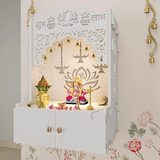Lotus White Finish Wooden Wall Temple for Home With Inbuilt focus Lights & Spacious Shelf - Decor Smart
