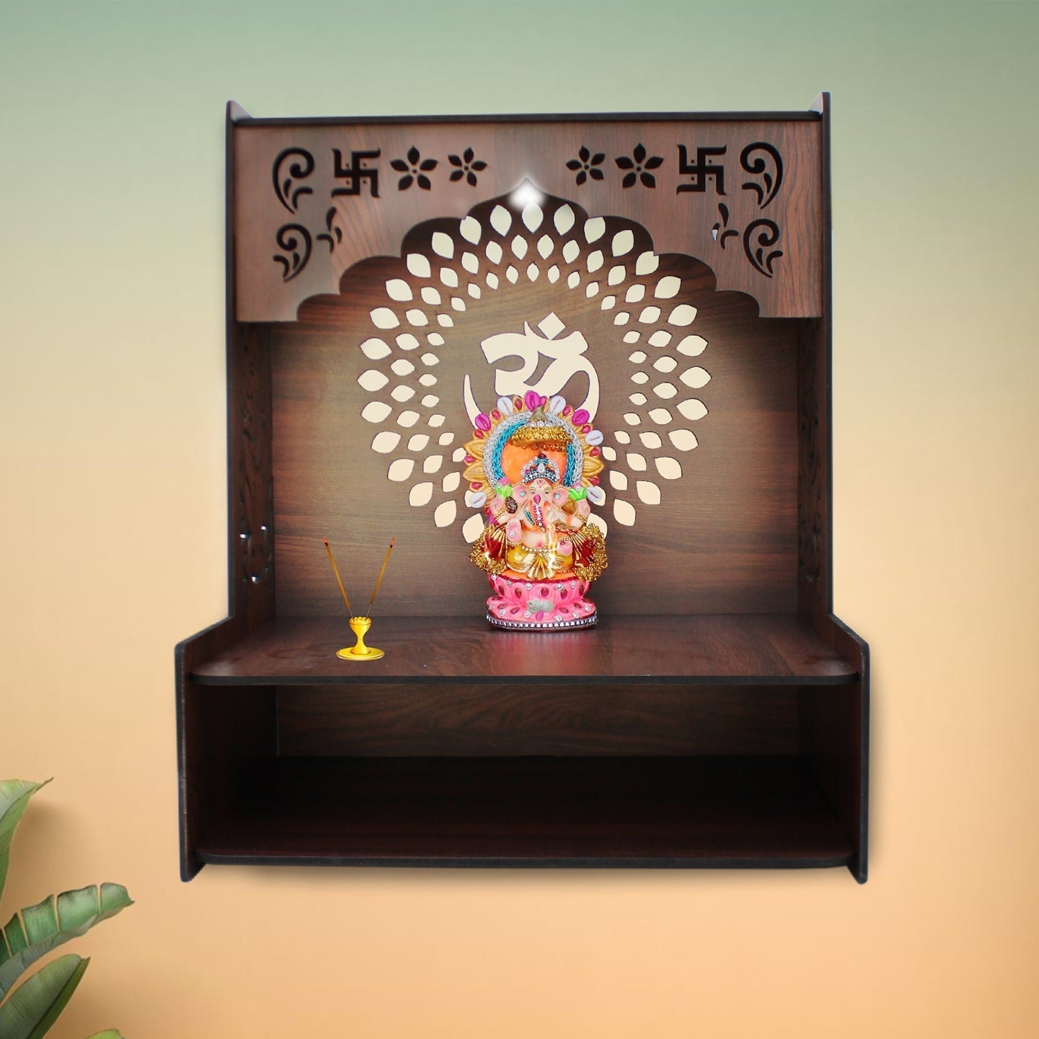 Luxurious Wooden Temple for Home, Office with Spacious Shelf & Inbuilt Focus Lights - Decor Smart