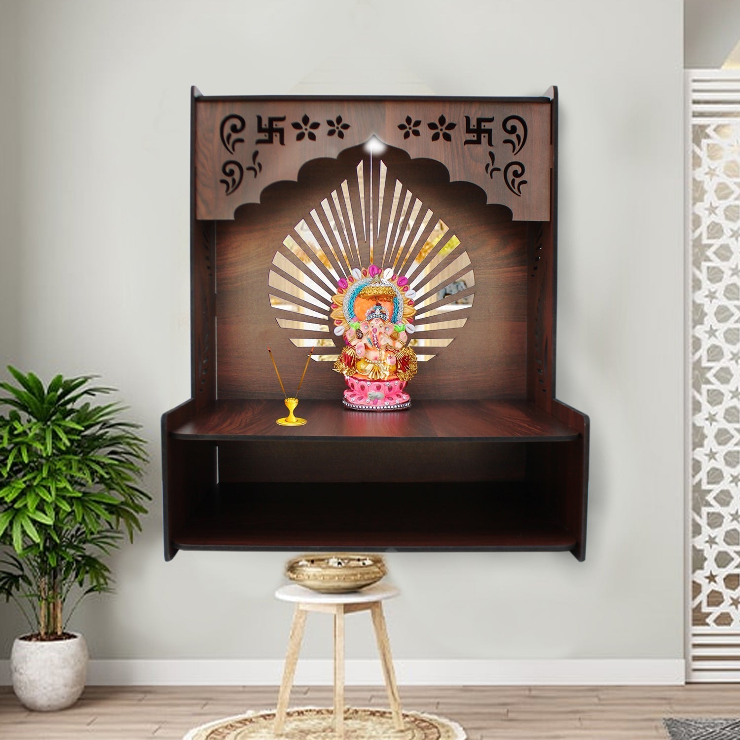 Luxurious Wooden Temple for Home with Spacious Shelf & Inbuilt Focus Lights - Decor Smart