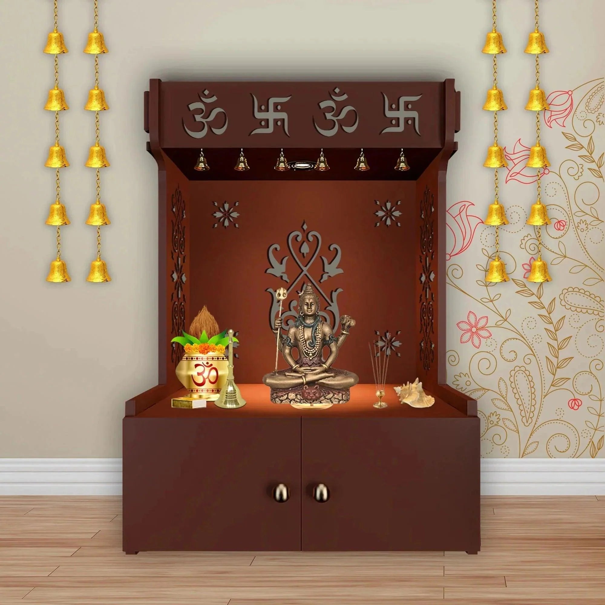 OM Swastika Symbol of Hindu Religious Floor Temple with Spacious Wooden Shelf & Inbuilt Focus Light - Brown Finish - Decor Smart