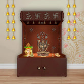 OM Swastika Symbol of Hindu Religious Floor Temple with Spacious Wooden Shelf & Inbuilt Focus Light - Brown Finish - Decor Smart