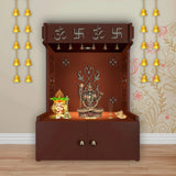 OM Swastika Symbol of Hindu Religious Floor Temple with Spacious Wooden Shelf & Inbuilt Focus Light - Brown Finish - Decor Smart