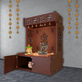 OM Swastika Symbol of Hindu Religious Floor Temple with Spacious Wooden Shelf & Inbuilt Focus Light - Brown Finish - Decor Smart