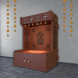 OM Swastika Symbol of Hindu Religious Floor Temple with Spacious Wooden Shelf & Inbuilt Focus Light - Brown Finish - Decor Smart