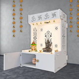 OM Swastika Symbol of Hindu Religious Floor Temple with Spacious Wooden Shelf & Inbuilt Focus Light - White Finish - Decor Smart