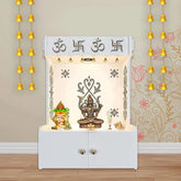 OM Swastika Symbol of Hindu Religious Floor Temple with Spacious Wooden Shelf & Inbuilt Focus Light - White Finish - Decor Smart