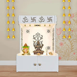 OM Swastika Symbol of Hindu Religious Floor Temple with Spacious Wooden Shelf & Inbuilt Focus Light - White Finish - Decor Smart