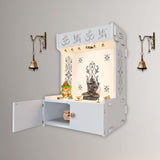 OM Swastika Symbol of Hindu Religious White Wooden Wall Temple for Home With Inbuilt focus Lights & Spacious Shelf - Decor Smart