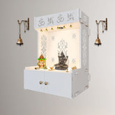 OM Swastika Symbol of Hindu Religious White Wooden Wall Temple for Home With Inbuilt focus Lights & Spacious Shelf - Decor Smart