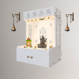 OM Swastika Symbol of Hindu Religious White Wooden Wall Temple for Home With Inbuilt focus Lights & Spacious Shelf - Decor Smart