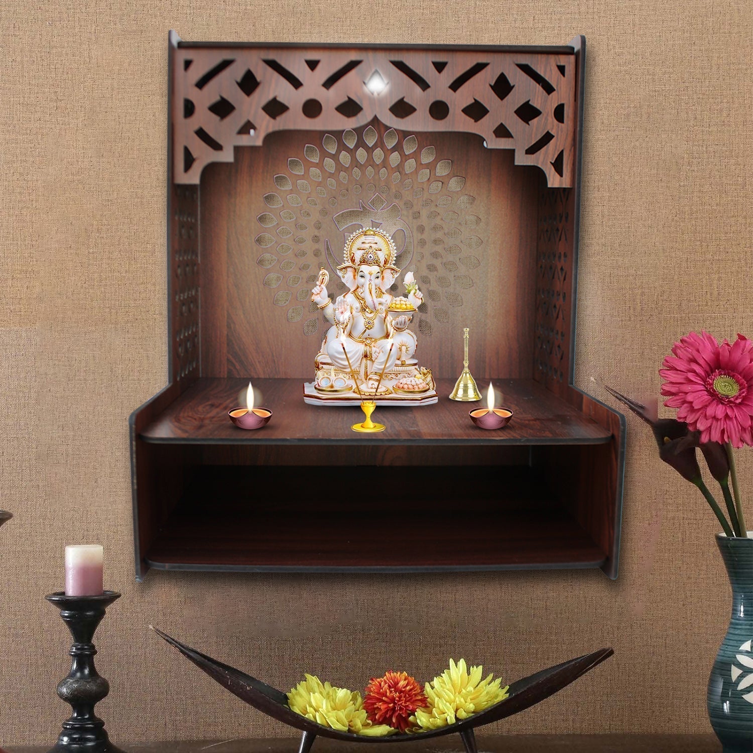 Portable Pooja Mandir for Home with Spacious Shelf & Inbuilt Focus Lights - Decor Smart