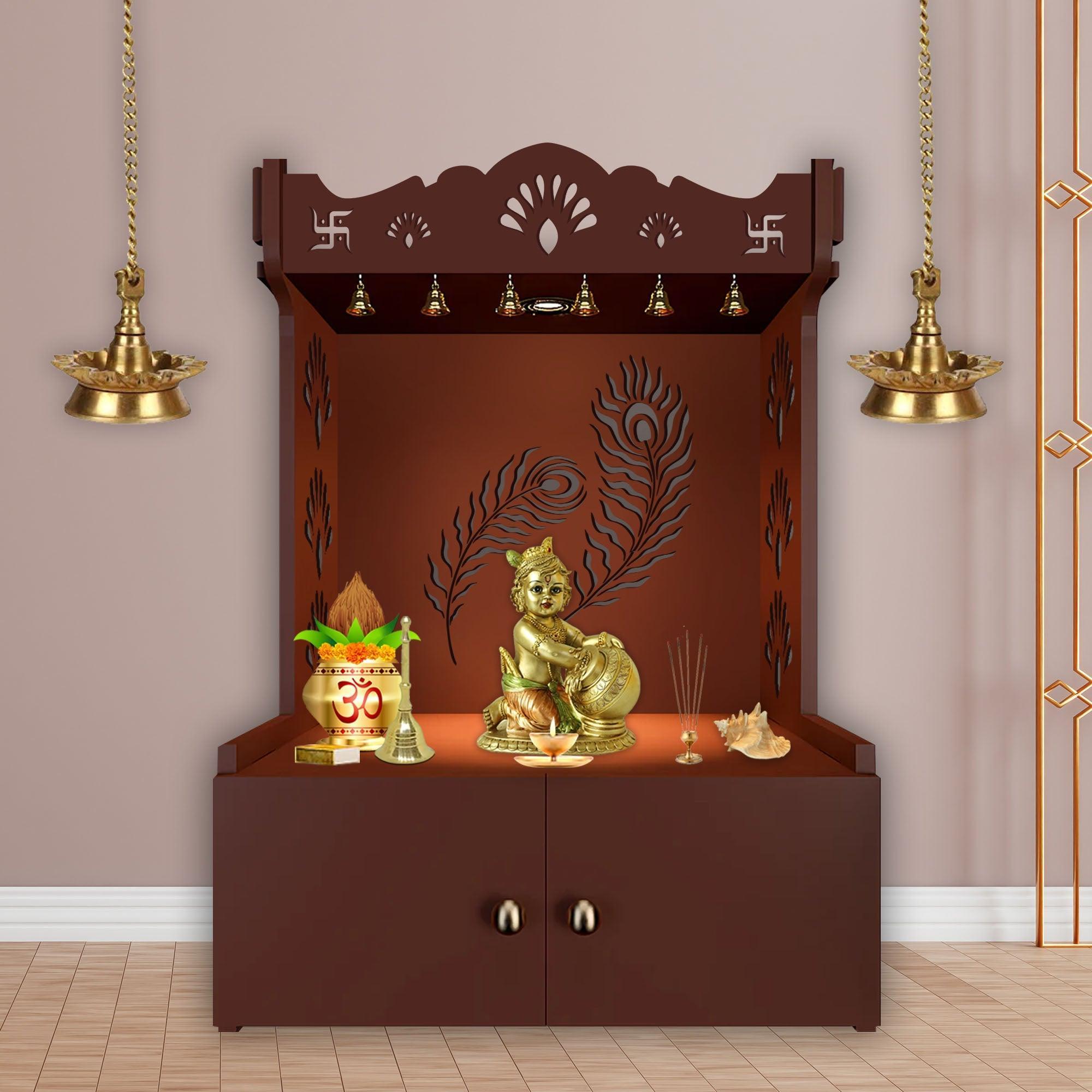 Premium Art of Mor Pankh Floor Temple with Spacious Wooden Shelf & Inbuilt Focus Light - Brown Finish - Decor Smart