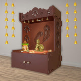 Premium Art of Mor Pankh Floor Temple with Spacious Wooden Shelf & Inbuilt Focus Light - Brown Finish - Decor Smart