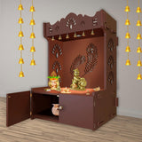 Premium Art of Mor Pankh Floor Temple with Spacious Wooden Shelf & Inbuilt Focus Light - Brown Finish - Decor Smart