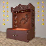 Premium Art of Mor Pankh Floor Temple with Spacious Wooden Shelf & Inbuilt Focus Light - Brown Finish - Decor Smart