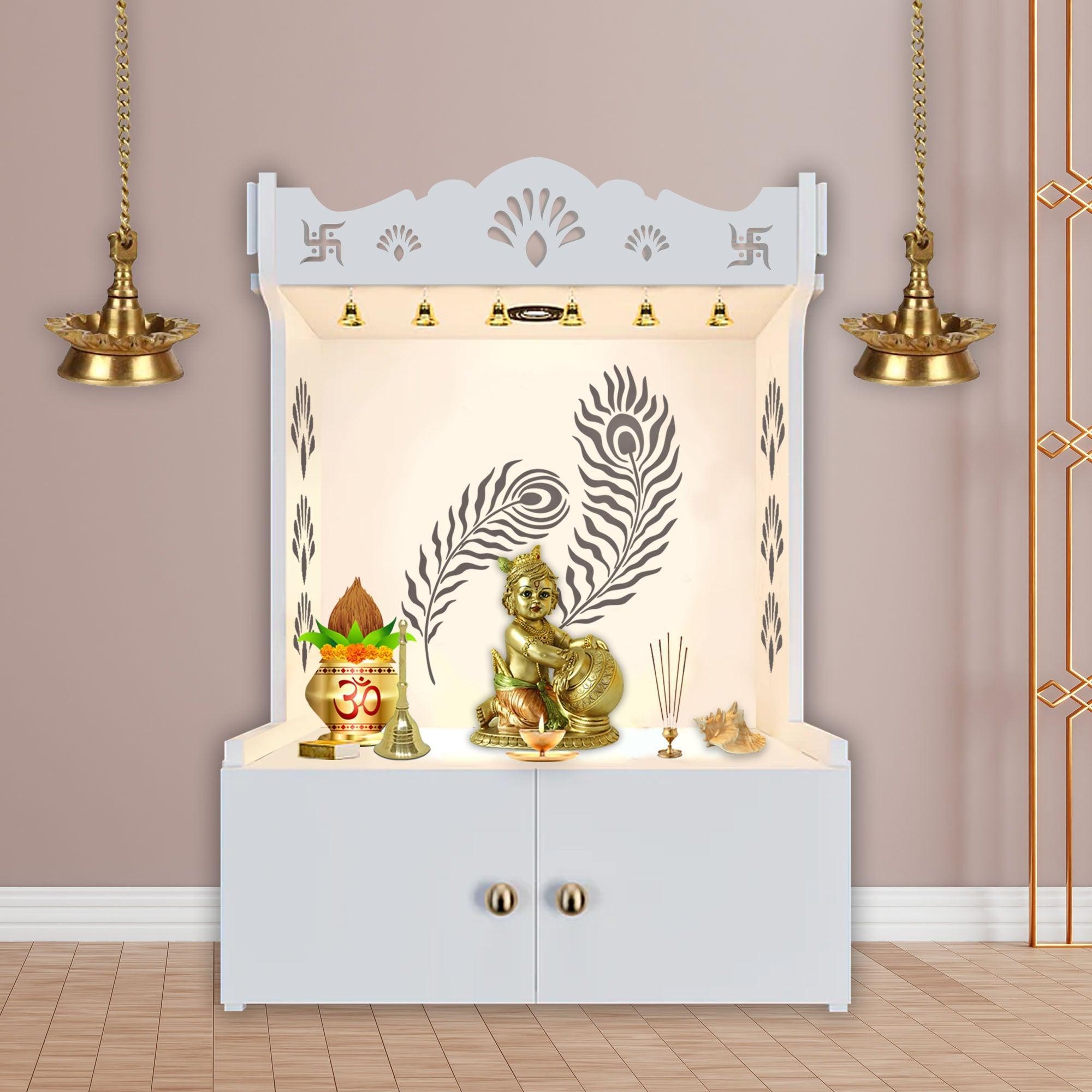 Premium Art of Mor Pankh Floor Temple with Spacious Wooden Shelf & Inbuilt Focus Light - White Finish - Decor Smart