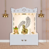 Premium Art of Mor Pankh Floor Temple with Spacious Wooden Shelf & Inbuilt Focus Light - White Finish - Decor Smart