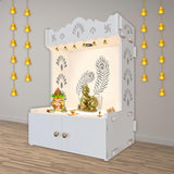 Premium Art of Mor Pankh Floor Temple with Spacious Wooden Shelf & Inbuilt Focus Light - White Finish - Decor Smart