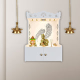 Premium Art of Mor Pankh White Wooden Temple for Home with Inbuilt Focus Light & Spacious Shelf - Decor Smart