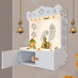 Premium Art of Mor Pankh White Wooden Temple for Home with Inbuilt Focus Light & Spacious Shelf - Decor Smart