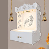 Premium Art of Mor Pankh White Wooden Temple for Home with Inbuilt Focus Light & Spacious Shelf - Decor Smart