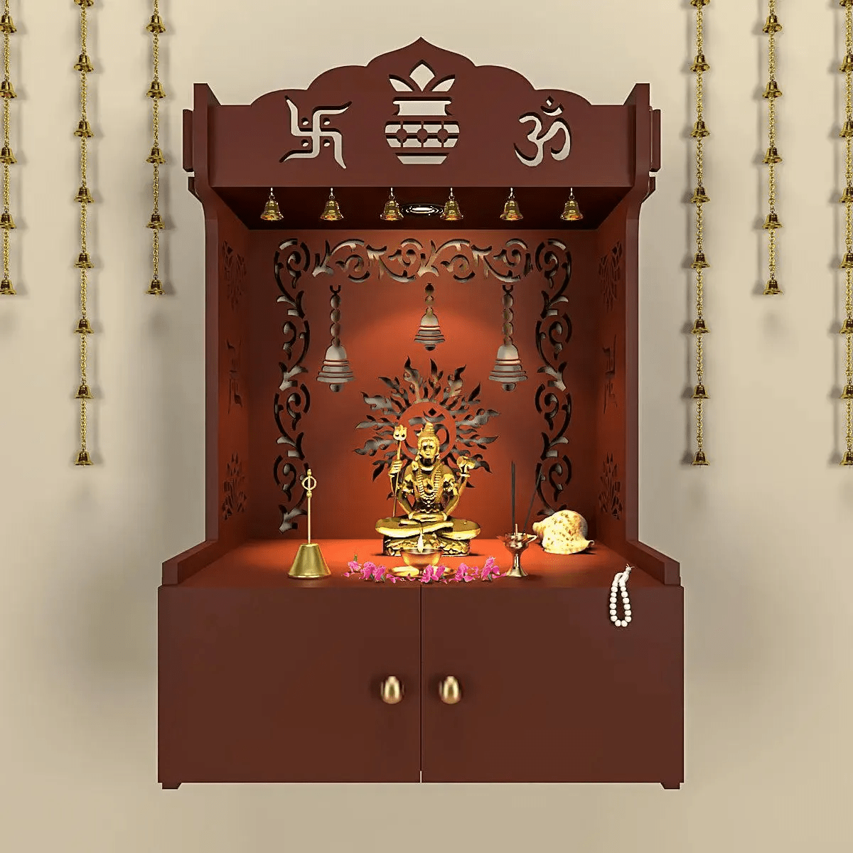 Premium Wall Temple with Inbuilt Focus Light & Spacious Wooden Shelf - Brown - Decor Smart