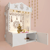 Premium Wall Temple with Inbuilt Focus Light & Spacious Wooden Shelf - White - Decor Smart