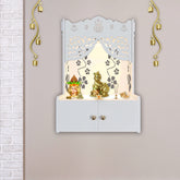 Swastika Kalash Symbol of Hindu Religious White Wooden Wall Temple for Home With Inbuilt focus Lights & Spacious Shelf - Decor Smart