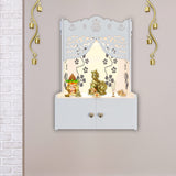 Swastika Kalash Symbol of Hindu Religious White Wooden Wall Temple for Home With Inbuilt focus Lights & Spacious Shelf - Decor Smart