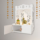 Swastika Kalash Symbol of Hindu Religious White Wooden Wall Temple for Home With Inbuilt focus Lights & Spacious Shelf - Decor Smart