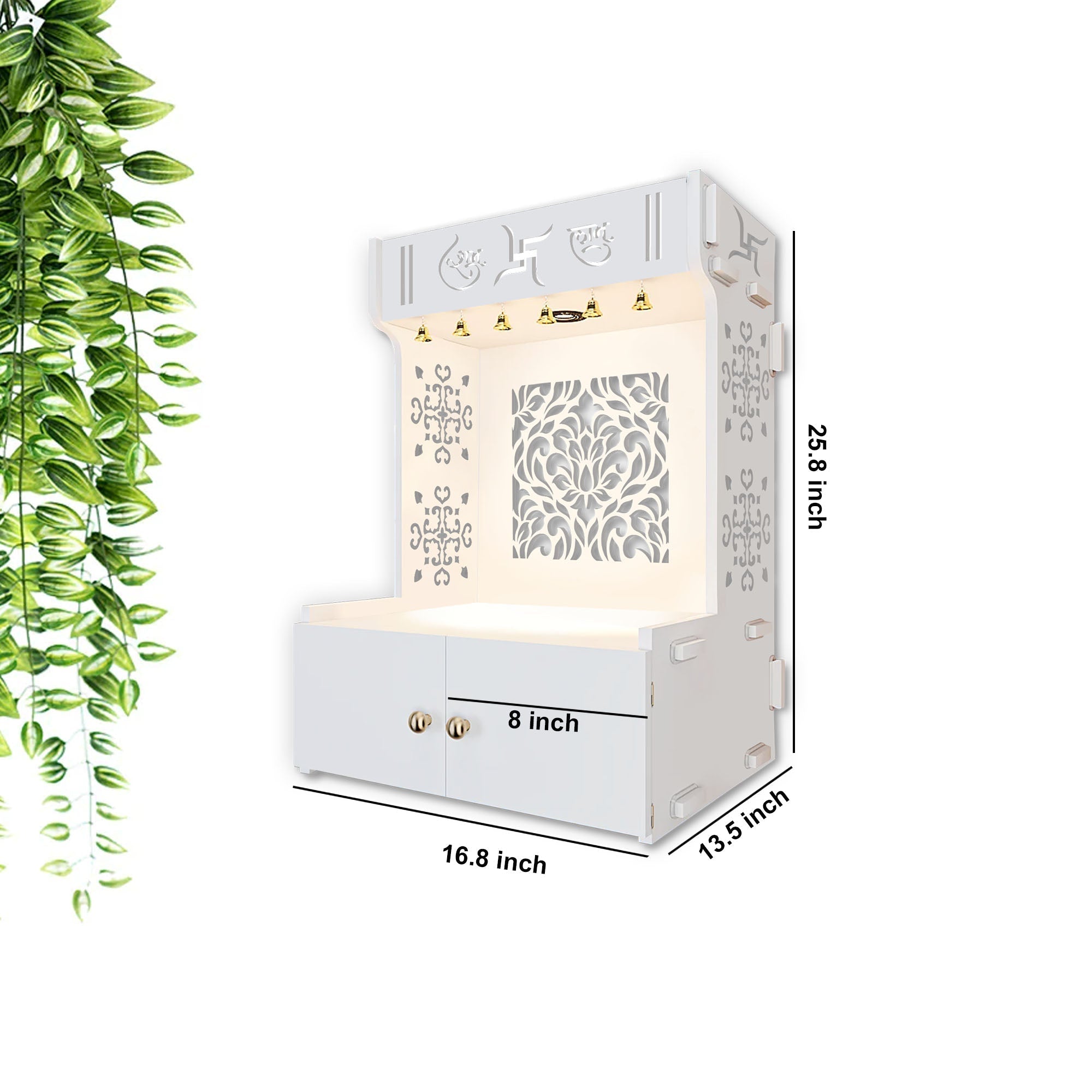 Beautiful Design of Lord Ganesh White Wooden Wall Temple for Home With Inbuilt focus Lights & Spacious Shelf - Decor Smart