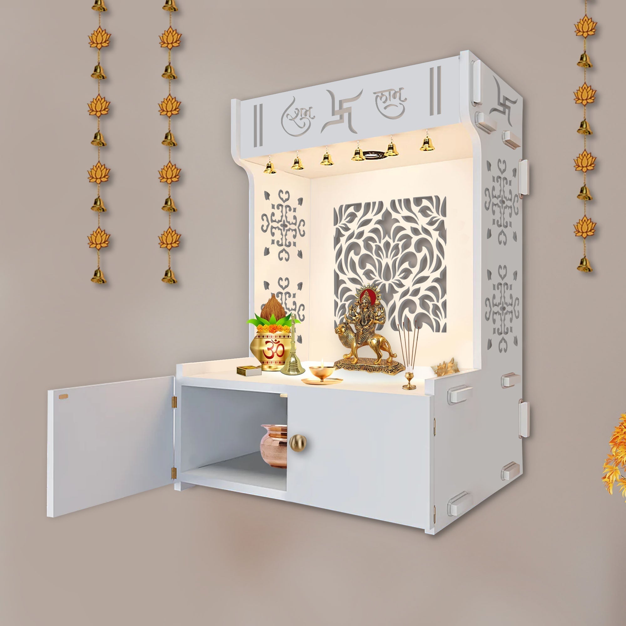 Beautiful Design of Lord Ganesh White Wooden Wall Temple for Home With Inbuilt focus Lights & Spacious Shelf - Decor Smart