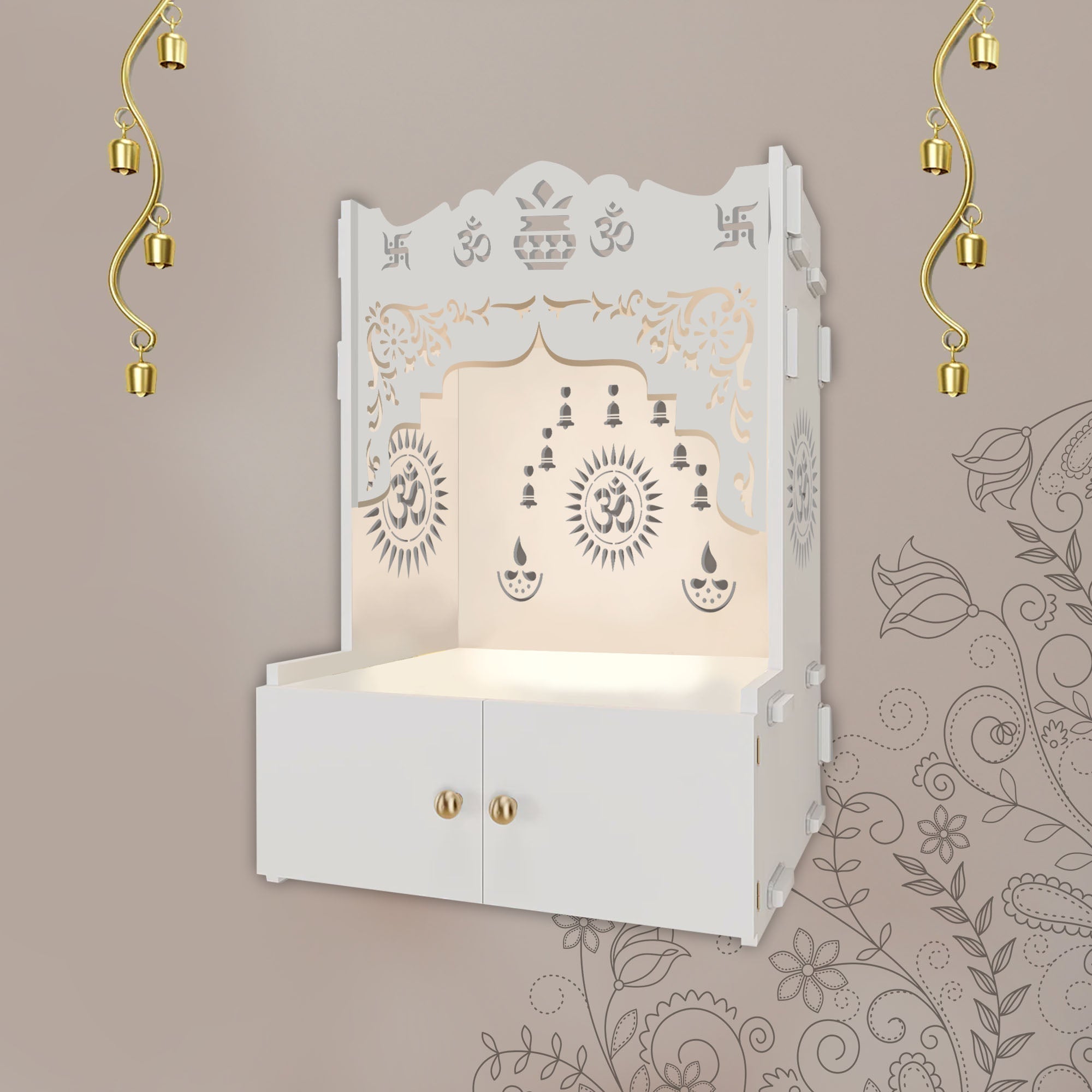 Designer Holy Symbol Om White MDF Wood Temple with Inbuilt Focus Light & Spacious Shelf - Decor Smart