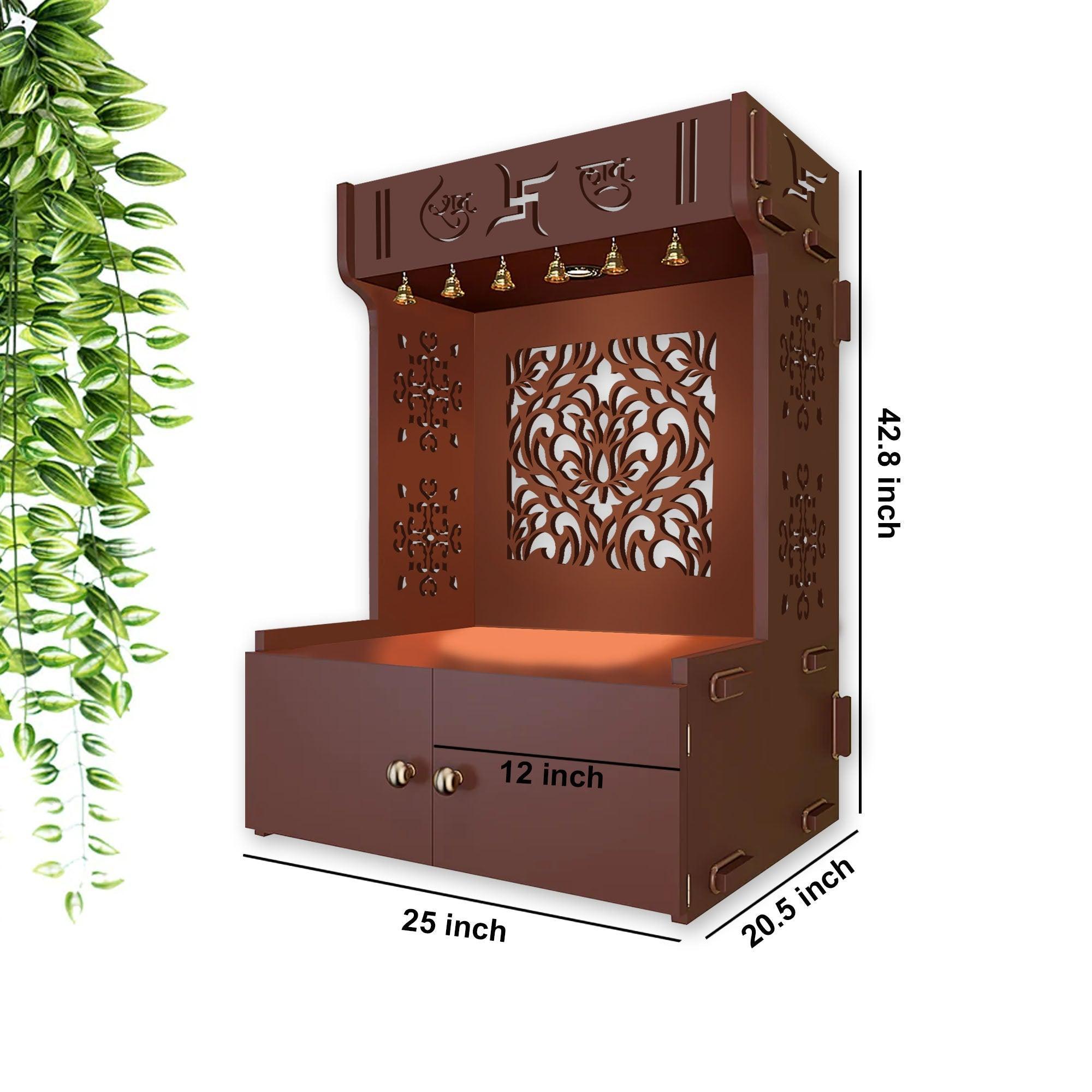 Designer Intricate Jali Design Pattern Floor Temple with Spacious Wooden Shelf & Inbuilt Focus Light - Brown Finish - Decor Smart