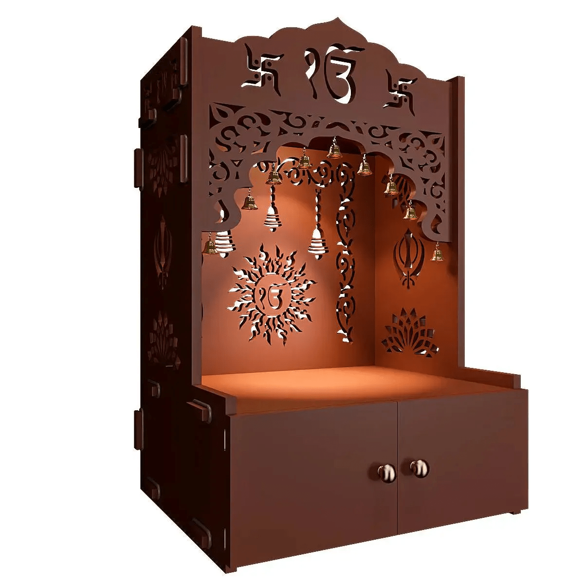 Ek - onkar Wall Temple with Inbuilt Focus Light & Spacious Wooden Shelf - Brown - Decor Smart