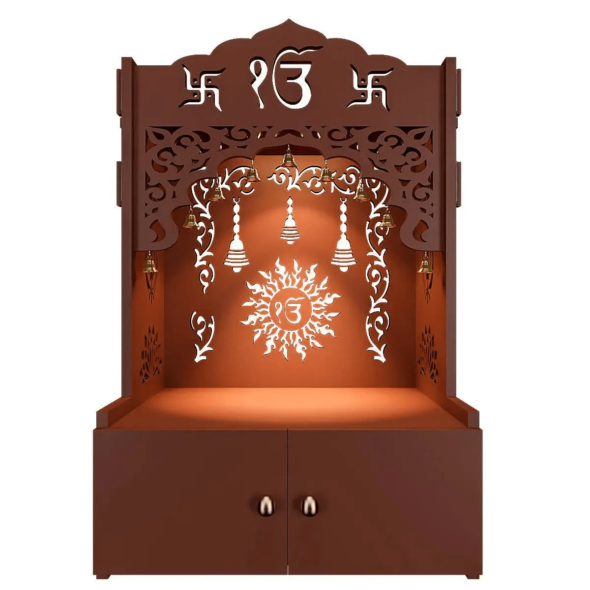 Ek - onkar Wall Temple with Inbuilt Focus Light & Spacious Wooden Shelf - Brown - Decor Smart